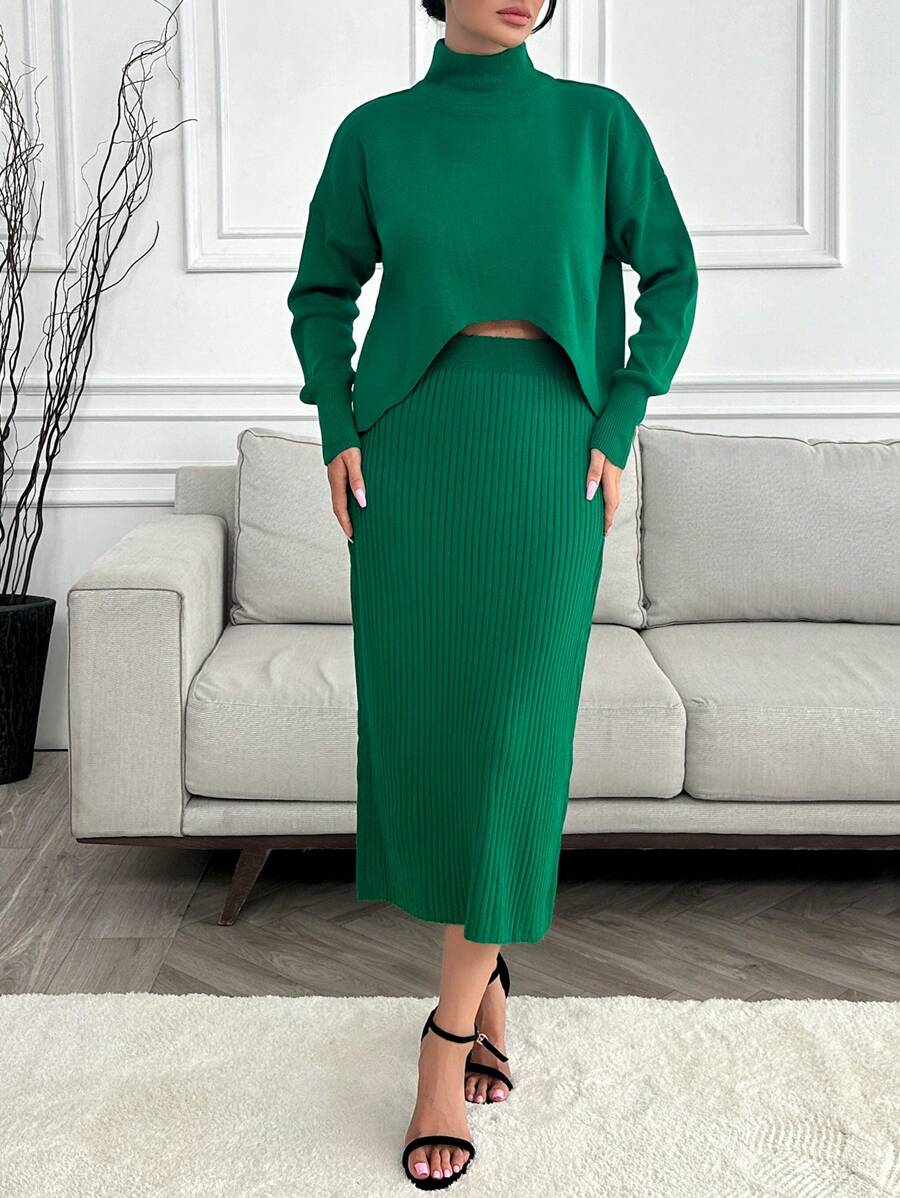 RueChic Mock Neck Drop Shoulder Jumper & Knit Skirt - Green - View 1