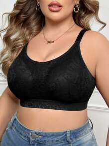 Plus Size Wireless Thin Cup Lace Comfortable Uplifting Bra - Black - View 3