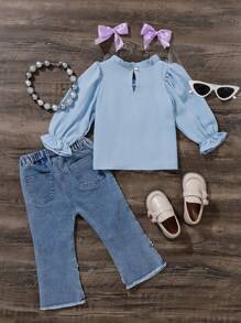 Baby Girls Light Blue Cute Patchwork Top & Denim Flared Pants With Colorful Beads - Baby Blue - View 2