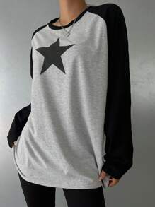 DAZY Women's Fashion Basic Patchwork Contrast Color Casual Print T-Shirt - Grey - View 5