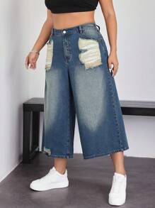 SHEIN EZwear Plus Size Women Loose Fit Distressed Wide Leg Casual Denim Jeans - Medium Wash - View 2