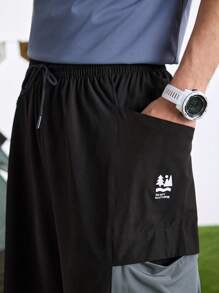 In My Nature 男士前系带口袋纯色拼接运动短裤日常休闲校园黑色短裤 - 黑色 - 查看 8