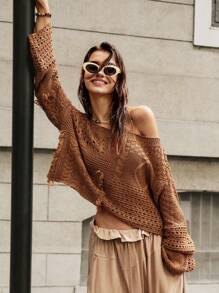 Bohemela 宽松款船领女式度假毛衣 - 棕色 - 查看 4