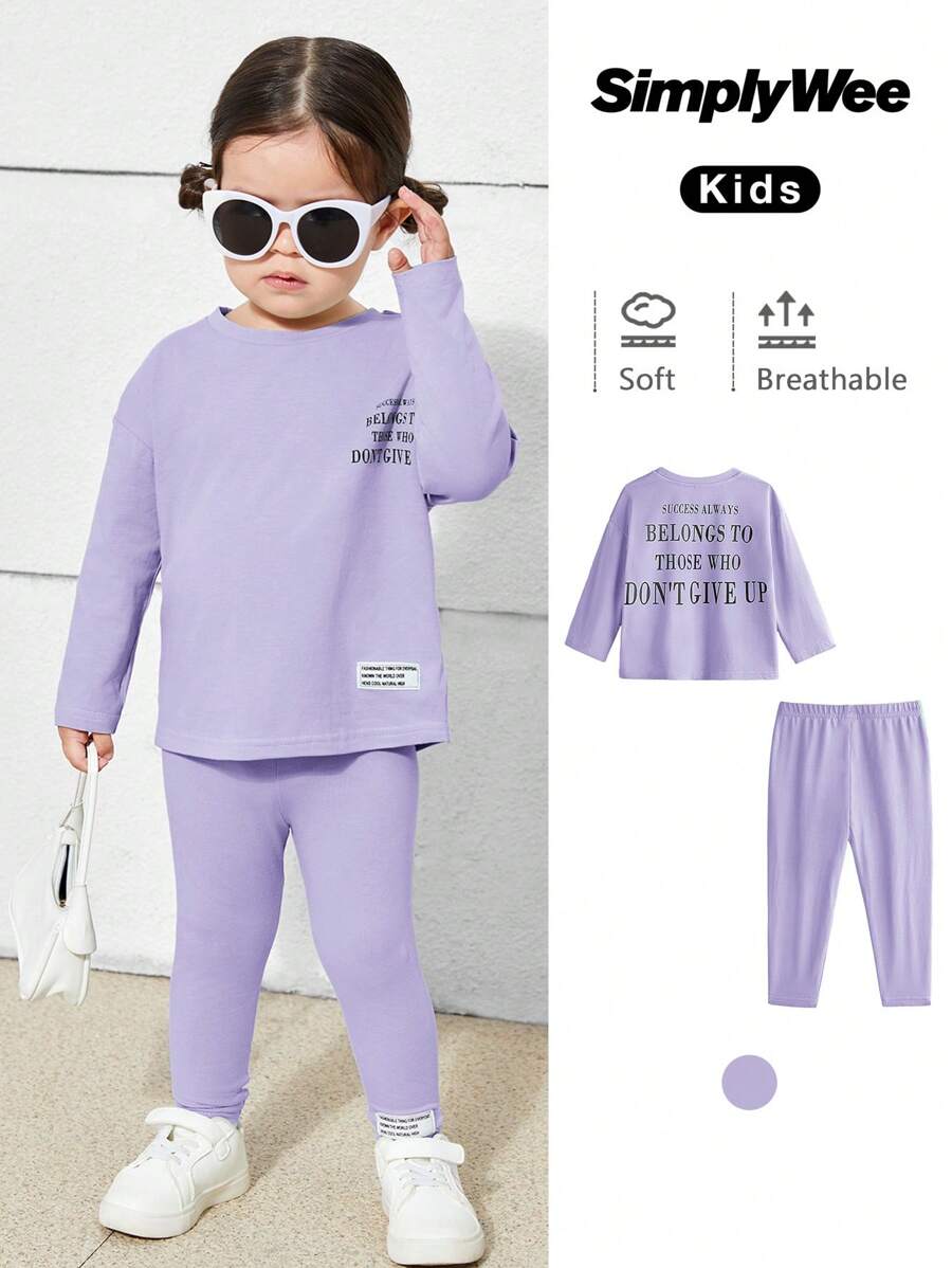 SHEIN 2 件装女婴可爱针织字母图案长袖上衣和松紧腰裤套装 - 淡紫色 - 查看 1