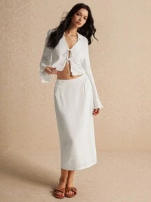 Poéselle Autumn New Lapel Long-Sleeved Bow Tie Shirt, Long Skirt, Comfortable, Breathable And Soft Fabric, Casual Advanced Suit, Autumn Women's Clothing, Long-Sleeved Blouse, Office Clothing Women's Suit - White - View 2