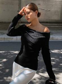 DAZY 女士秋季新款露肩单领修身毛衣，秋季女装 - 黑色 - 查看 4