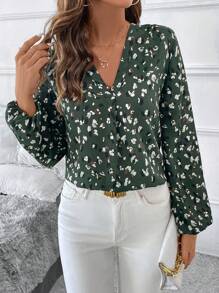 SHEIN Clasi Women's V-Neck Long Sleeve All-Over Print Elegant Winter Fall Women Clothes Thanksgiving Halloween Women Homecoming Work Clothes Date Night Fall Women Blouse,Long Sleeve Tops - Green - View 5