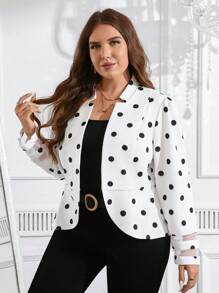 SHEIN Clasi Chaqueta de negocios casual de talla grande para mujer con diseño de lunares y empalme de malla, para otoño e invierno - Blanco y Negro - Ver 5