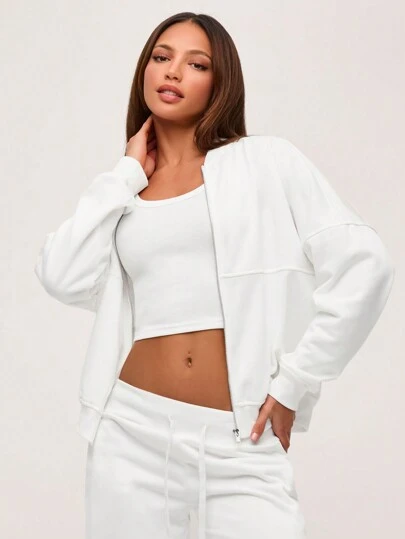 SHEIN BASICS 秋冬女士休闲纯色针织立领长袖宽松外套