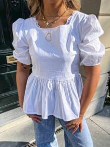 SHEIN MOD Women's Solid Color Back Tie Pleated Short Sleeve Simple Top Daily Casual - White - View 4