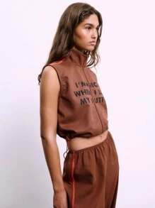 SHEIN Unity Vintage Colorblock Letter Print Zipper Front Turtleneck Sleeveless Sport Cargo Vest - Multicolor - View 3