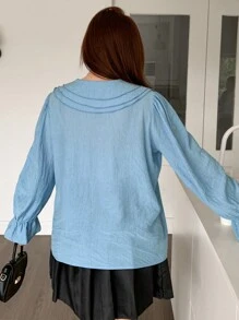 Dazy Petite Plus Plus Size Ruffle Collar Textured Fabric Long Sleeve Shirt,Fall Clothes - Blue - View 2