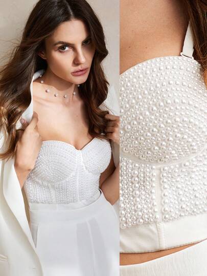 Anewsta Top de sostén bustier con cuentas de perlas