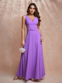 ACUSTOMFIT Designer Women's Solid Color V-Neck Side Waist Hollow Twist Long Elegant Chiffon Dress,Summer Elegant Dress