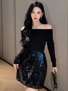 DAZY 女式露肩长袖修身休闲套头衫，秋冬 - 黑色 - 查看 5