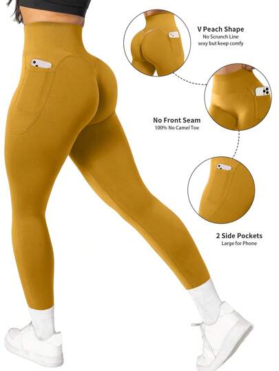 Easithlete 女式高腰无缝弹力健身紧身裤，带口袋，适合跑步和健身瑜伽裤