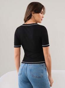Mulvari 2pcs Contrast Stitch Rib-Knit Slim Fit Tee For Summer
