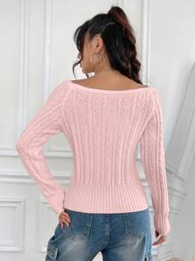 Flirla 休闲纯色圆领修身毛衣，春秋季，长袖上衣 - 粉色 - 查看 2