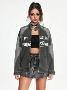 ROMWE Grunge Punk Damska kurtka dżinsowa z długimi rękawami i nadrukiem w bloki kolorów, wiosenna i jesienna - Wielokolorowe - Zobacz 6