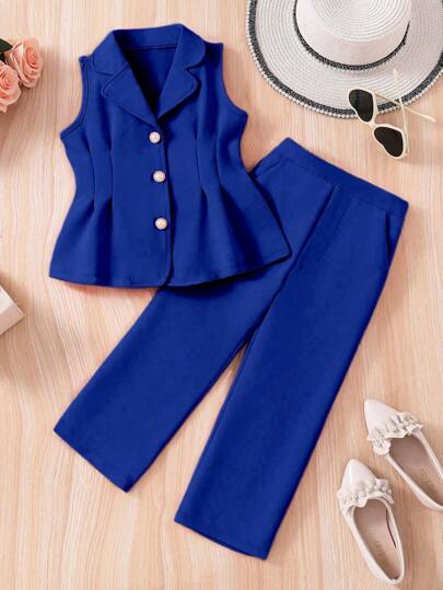 2 piezas Conjunto de chaleco sin mangas con cuello estilo caballero y pantalones para niña joven, primavera verano