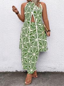 Breezaya Conjunto informal de 2 piezas de talla grande para vacaciones con parte superior halter de espalda dividida con estampado all-over y pantalón de pierna ancha