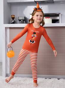 SHEIN Conjunto de pijama con camiseta con gráfico de pavo y pantalones a rayas para niña joven, para Acción de Gracias, otoño/invierno, para fiesta de Halloween - Naranja - Ver 2