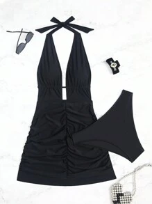 SHEIN Swim Conjunto de vestido de baño y traje de baño triangular con espalda descubierta y fruncido, unicolor, para vacaciones, para mujer en verano - Negro - Ver 2
