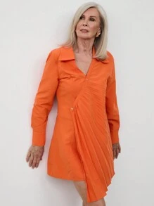 SHEIN LUNE Women Short Crew Neck Button Front Long Sleeve Casual Dress - Orange - View 1