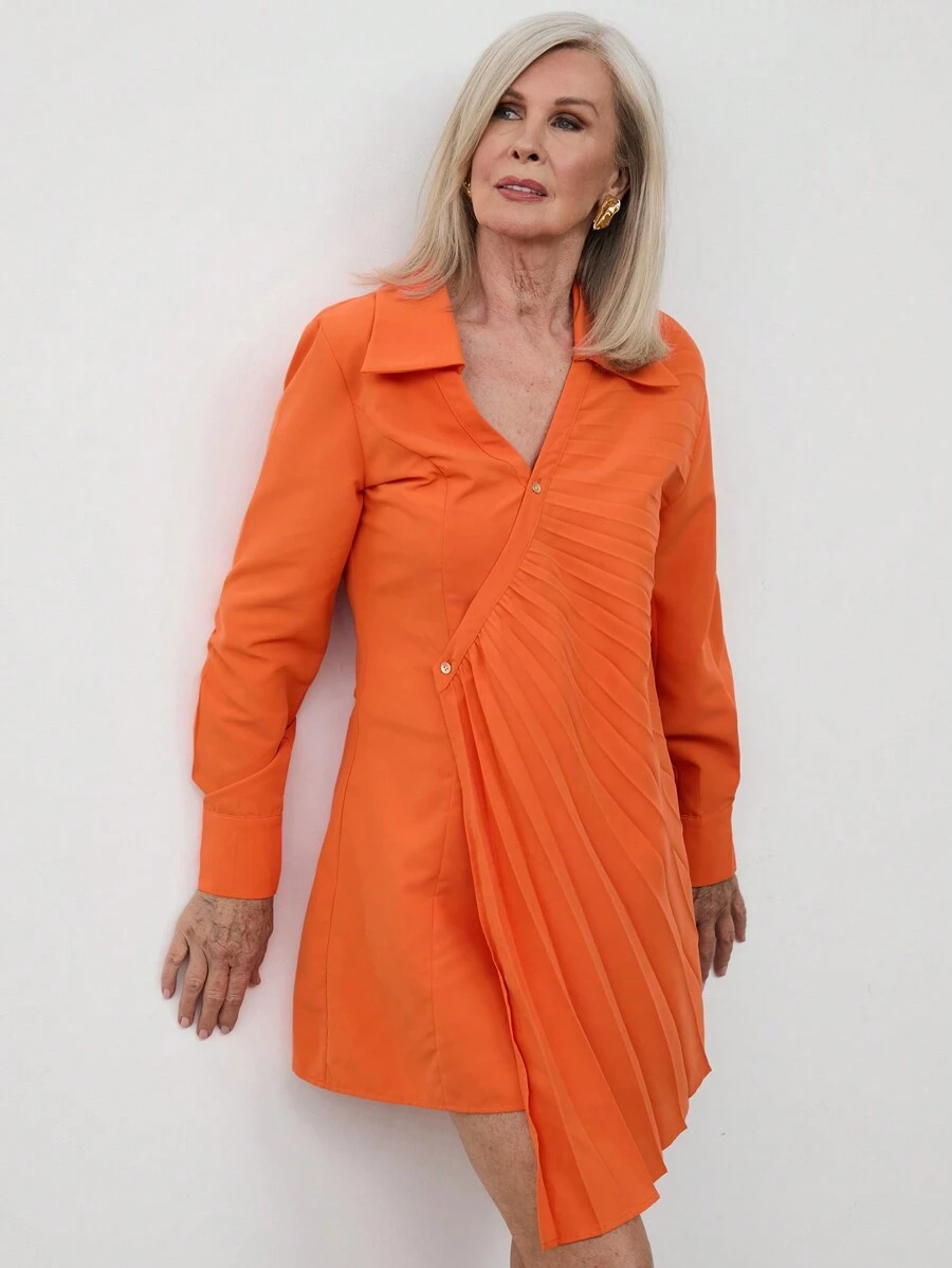 SHEIN LUNE Women Short Crew Neck Button Front Long Sleeve Casual Dress - Orange - View 1