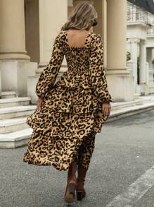 SHEIN Privé Cổ Chữ V Thanh Lịch Cinched Eo Slim Fit Vintage Họa Tiết Da Báo Ruffle Viền Tay Dài - Nhiều màu - Xem 2