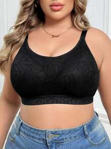 Plus Size Wireless Thin Cup Lace Comfortable Uplifting Bra - Black - View 5