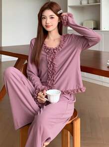 DAZY 蕾丝边短款开衫上衣和简约睡裤 2 件套家居服套装 - 粉色 - 查看 3