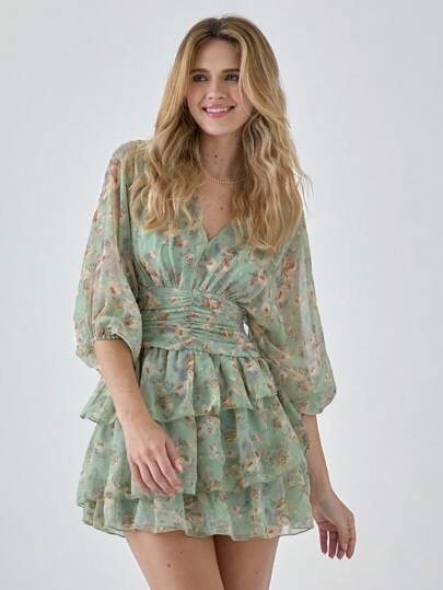 Enchnt Vestido mini elegante de verano para mujer con manga farol, volante en el bajo y estampado floral diminuto