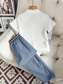 Tween-Jungen 2-teiliges Poloshirt- und Hosenset mit patriotischem Muster zum 4. Juli, Outfit im Gentleman-Stil, geeignet für Pendeln, Lässig, Sport, Frühling/Sommer - Graublau - Übersicht 2