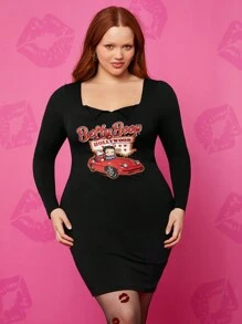 Betty Boop x SHEIN Vestido corto negro de talla grande con cuello de corazón, ajustado, y estampado de automóvil de carrera y letras, apropiado para citas y atuendos