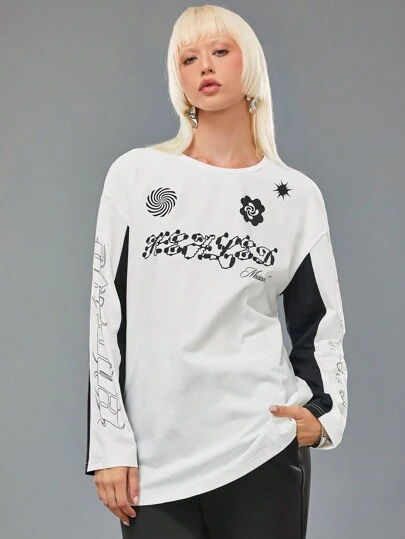 MAALAVIDAA Artist Designer Women's Crew Neck Colorblock Letter & Graphic Print Long Sleeve T-Shirt Tee, For Holiday, Vacation, Spring, Festival, Ibiza Fits, Western Wear