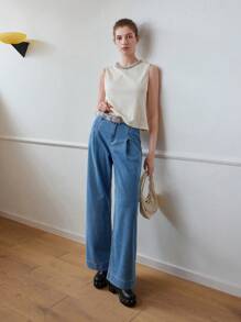 MOTF STUDIO SOLID FOLD PLEATED WIDE LEG JEANS