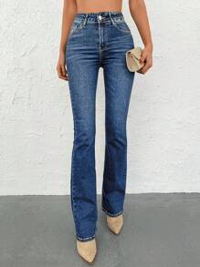 EURMUSE Casual Skinny Flare Leg Jeans - Dark Wash - View 3