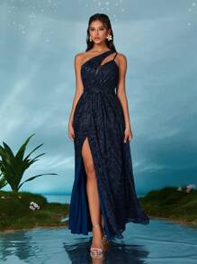 Asymmetric Neckline Deep V-Neck Ruched Slit A-Line Elegant Bridesmaid Maxi Dress - Royal Blue - View 1