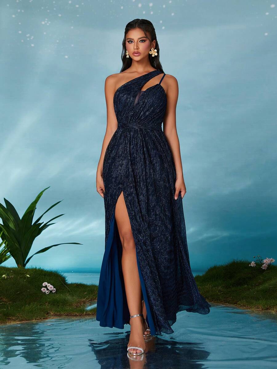 Asymmetric Neckline Deep V-Neck Ruched Slit A-Line Elegant Bridesmaid Maxi Dress - Royal Blue - View 1