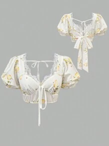 SHEIN Unity 泡泡袖甜心领柠檬印花短款上衣短袖衬衫，夏季 - 白色 - 查看 1