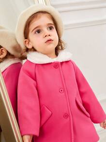 SHEIN Baby Girls' Elegant Plush Collar Woolen Coat, Thickened Warm Outerwear For Daily And Outdoor Wear In Autumn And Winter - Hot Pink - View 1