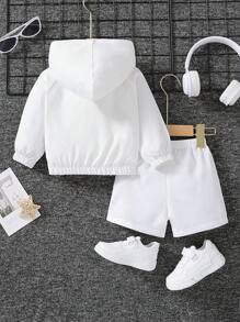 SHEIN Baby Boys' Solid Color Sporty Hooded Zip-Up Jacket And Shorts Set, Daily Outwear - White - View 2