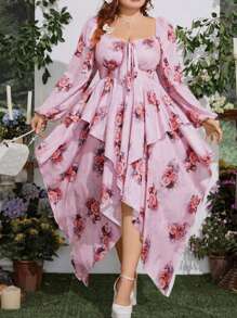 Sunnyshic 大码女式节日花卉印花甜心领灯笼袖不对称下摆优雅连衣裙 - 粉色 - 查看 1