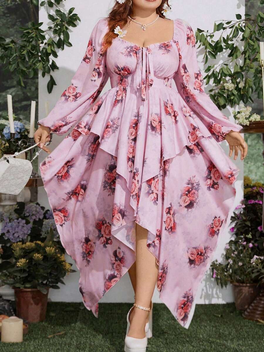 Sunnyshic 大码女式节日花卉印花甜心领灯笼袖不对称下摆优雅连衣裙 - 粉色 - 查看 1