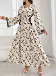 Al Najma 女士蝴蝶印花 V 领优雅长袖阿拉伯朴素连衣裙 - 咖啡棕 - 查看 8