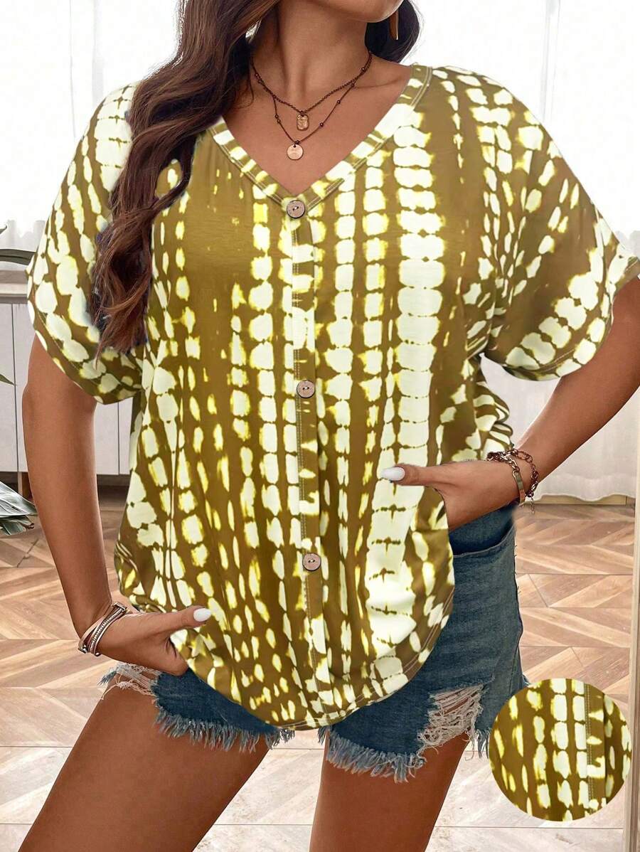 SHEIN LUNE Camiseta informal de talla grande con mangas tipo murciélago y teñido anudado - Multicolor - Ver 1