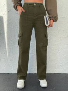 Women's Cargo Denim Pants With Pockets - Khaki - View 1