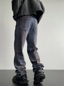Manfinity Roghcode Jeans rectos holgados en denim oscuro descolorido y desgastado, estilo callejero retro Y2K, para regalo de esposo o novio - Azul lavado oscuro - Ver 2