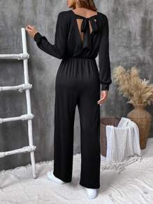 SHEIN LUNE Mono informal de manga larga de color liso para primavera y otoño - Negro - Ver 2